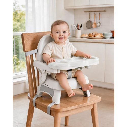 Baby Booster Seat for Kitchen Chair, 3-in-1 Portable Booster Seat | 3-Point Harness, 6–24M Babies (Up to 30 lbs), Dishwasher-Safe Top Tray + Play Tray, Foldable for Mealtime & Travel, Gray
