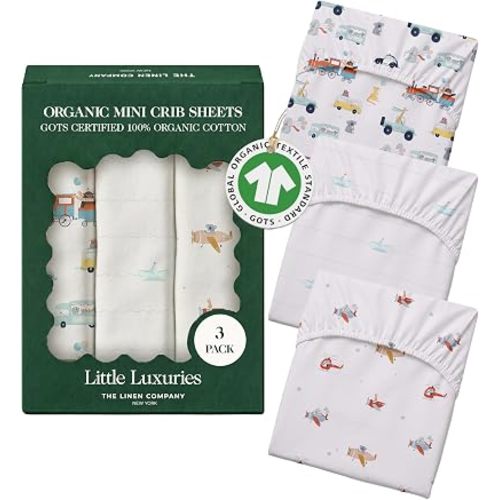 100% Organic Cotton Mini Crib Sheets (3-Pack) – GOTS Certified, Soft Fitted Sheets for Mini Mattress & Pack n Play, 5 in Deep Pocket with Secure Elastic Fit, Boys & Girls, (27" x 39") Tiny Explorers