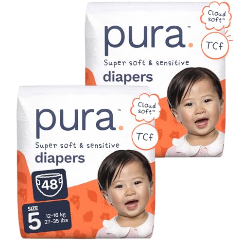 Pura Baby Diapers Size 5 (27-35 lbs) 48 Count Sensitive Skin | 12 Hour Leak Protection, New Blowout Blocker, Cloud Soft, Totally Chlorine Free*, Allergy UK Certified