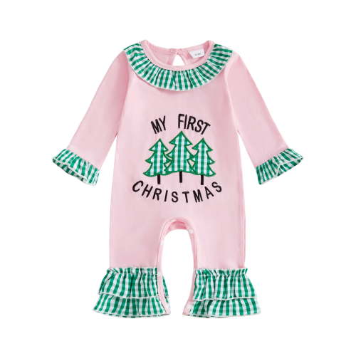 BemeyourBBs Newborn Baby Girl My 1st Christmas Outfits Xmas Romper Long Sleeve Plaid Print Ruffle Jumpsuit