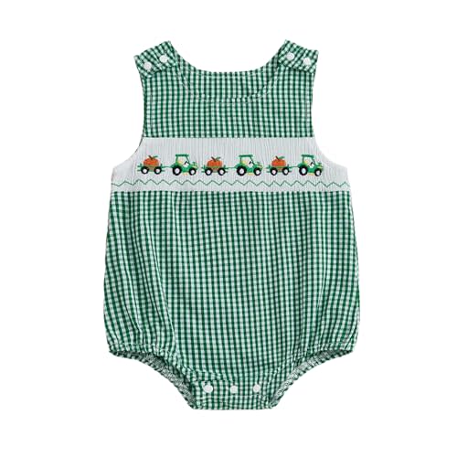 KtwHarnu Newborn Baby Boy Halloween Clothes Pumpkin Tractor/Truck Smocked Bubble Romper Sleeveless Plaid Overall Bodysuit