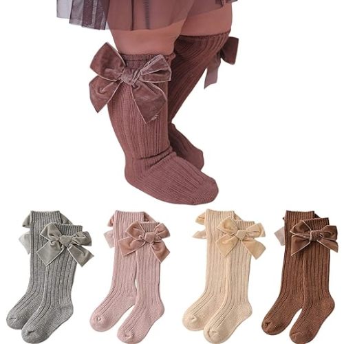 Merqwadd 4-Pack Baby Girls Knee High Socks Infants Toddlers Bow Knit Socks Cotton Tube Ruffled Stockings