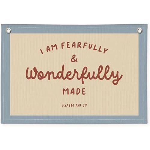Kids Room Decor - Bible Verse Wall Hanging, 'I am Fearfully and Wonderfully Made' Linen Banner, Canvas Decoration for Classroom, Nursery - Blue