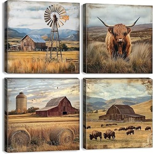 Farmhouse Highland Cow Wall Decor Western Kitchen Wall Decor Rustic Country Windmill Barn Landscape Canvas Prints Cow Bison Painting Artwork for Dining Room Living Room Home Decorations 12x12" 4Pcs