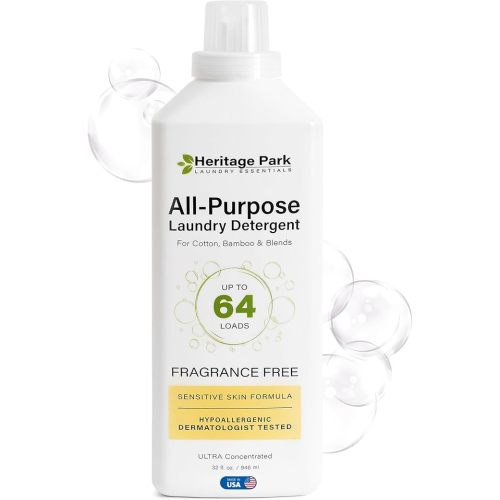 Heritage Park Non Toxic Laundry Detergent Liquid - Hypoallergenic, pH Neutral for Sensitive Skin, Plant Based, Natural Organic Concentrated Formula for HE Machines - Fragrance Free - 64 FL Oz Refill