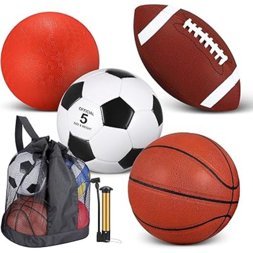 Lenwen 4 Pcs Sports Balls Set for Teen Adult, Include Official Size Basketball Soccer Football Playground Ball Pump Equipment Bag Ball Gifts Back to School