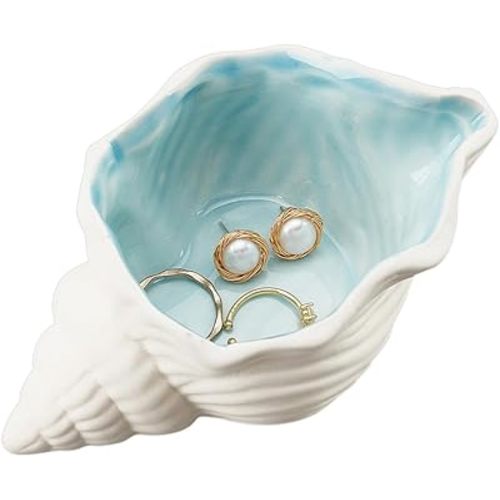NBEADS Conch Shape Ceramic Jewelry Tray, Aqua Shell Trinket Dish Ceramic Ring Earring Holder Ocean-themed Decorative Trinket Plate for Rings Earrings Necklaces Bracelet Jewelry Watch Keys