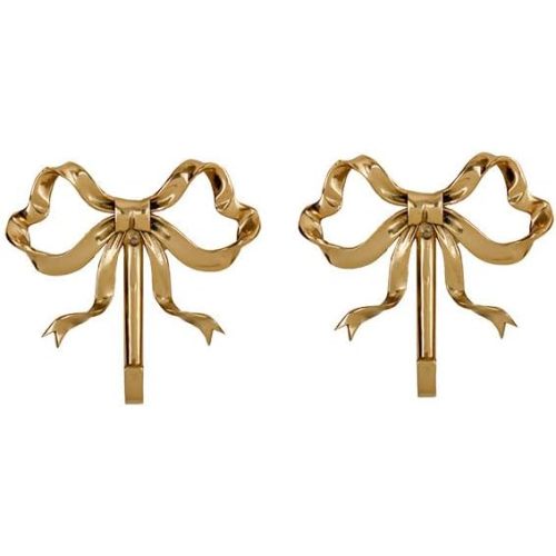 Bow Wall Hooks Brass (2 Pcs) Christmas Wall Decor Gold Hooks Door Hanger Towel Multi-Purpose Hooks for Hanging for Bathroom Living Room Kitchen Decor Christmas Birthday Gift (L)