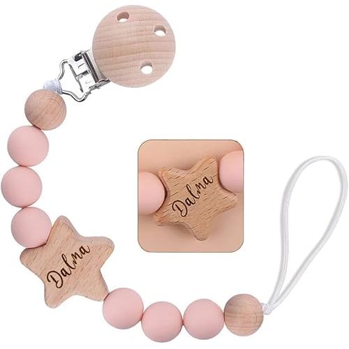 Personalized Pacifier Clip with Name, Wooden Star Baby Pacifier Holder Gift for Boys Girls Boho Style