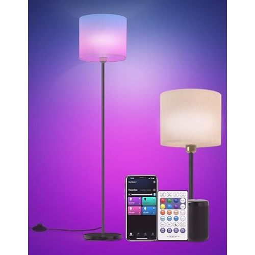 YHW Floor lamp for Living Room Works with Alexa & Google, White Linen Lamp Shade LED Bright Tall Standing Smart Floor Lamp with Remote for Bedroom Office, Modern Color Changing Dimmable WiFi Light.