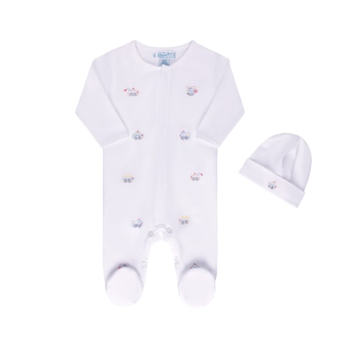 Vehicle Embroidered Cotton Romper w/Hat