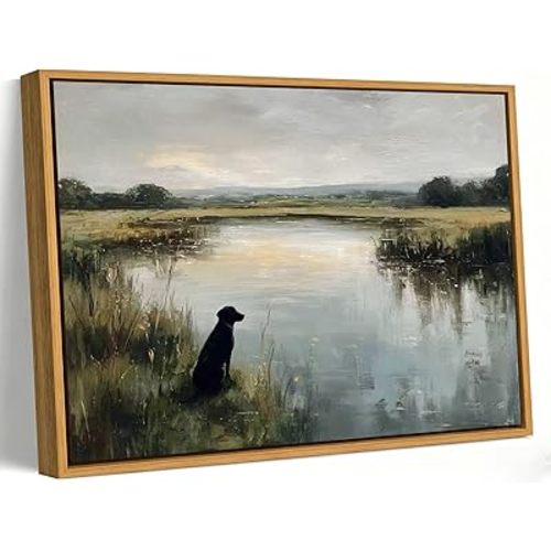 Framed Vintage Black Labrador Wall Art Farmhouse Landscape Canvas Poster Print Hunting Black Dog Picture Retro Animal Painting Artwork Wall Decor for Bedroom Living Room Bathroom 8x10in