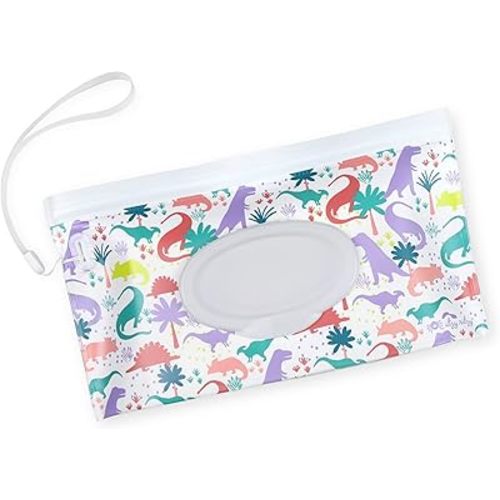 Itzy Ritzy Travel Wipes Case - Reusable Wipe Pouch – Take & Travel Pouch Holds Up to 30 Wet Wipes, Includes Silicone Wristlet Strap, Darling Dinosaurs