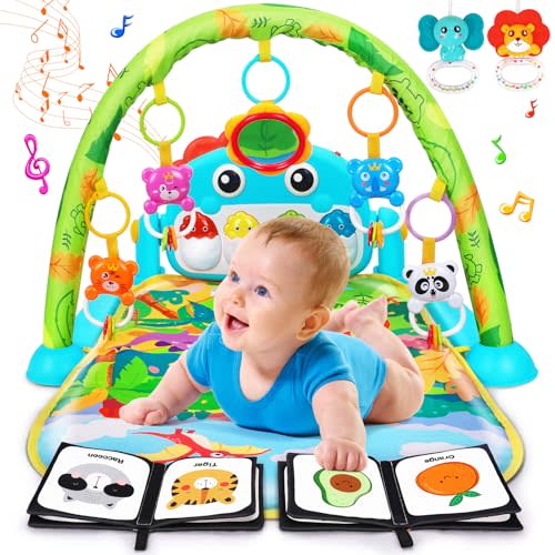 UMIKU Baby Play Mat Tummy Time Mat Boy High-Contrast Cloth, Green Dinosaur | Activity Center For Infant, Newborn Essentials Must Have, Piano Music & Light, Babies Gifts Boy For Baby 0 3 6 9 12 Months