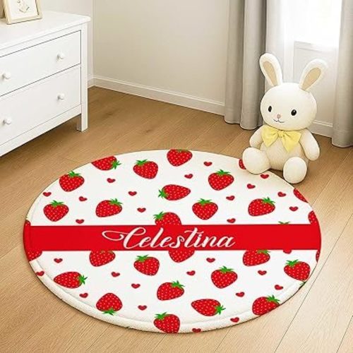 Custom Name Baby Rug – Personalized Strawberry Round Nursery Rug, Soft Crawling Play Mat for Baby Girls, Cute Nursery Decor Gift