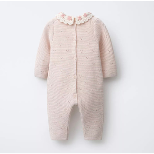 KNIT JUMPSUIT WITH CROCHET COLLAR AND EMBROIDERED FLOWERS - Beige-pink | ZARA United States