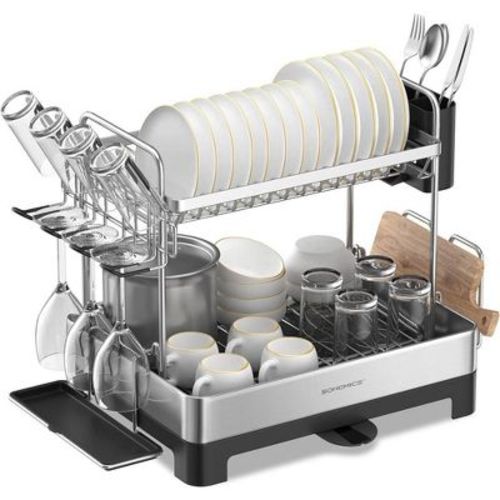 SONGMICS 2 Tier Dish Drying Rack, Stainless Steel Frame Dish Rack for Kitchen Counter with Rotatable and Extendable Drain Spout, Black