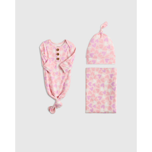 Bamboo Gown, Hat & Swaddle Set in Lavender Hearts