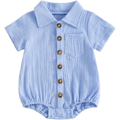 Karuedoo Infant Baby Boy Summer Clothes Muslin Button Up Shirt Bodysuit Short Sleeve Collared Bubble Romper One Piece Outfit