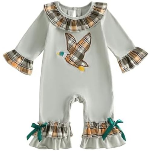 Newborn Baby Girl Fall Clothes Hunting Ruffle Long Sleeve Romper Bell Bottoms Flared Jumpsuit Outfit