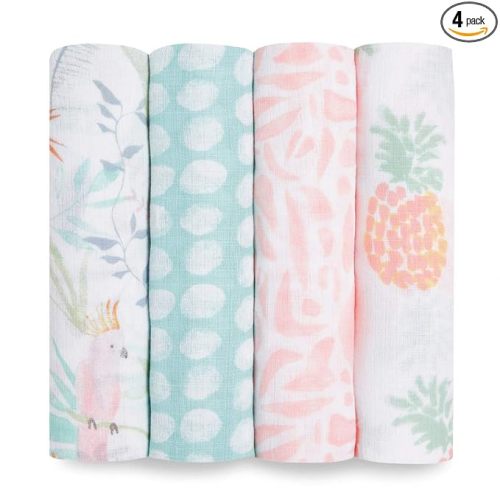 aden + anais Essentials Swaddle Blanket, Boutique Muslin Blankets for Girls & Boys, Baby Receiving Swaddles, Ideal Newborn & Infant Swaddling Set, Perfect Shower Gifts, 4 Pack, Tropicalia