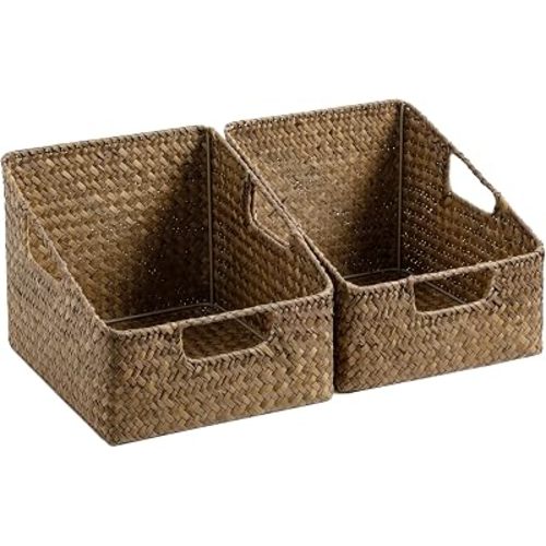 StorageWorks Pantry Baskets for Organizing, Wicker Baskets with Handles, Seagrass Storage Basket for Shelves, Woven Baskets for Pantry Storage, Brown, 2-Pack