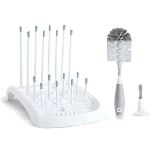 Munchkin Fold Baby Bottle Drying Rack and Bristle Bottle Brush Cleaning Essentials Set, White/Grey