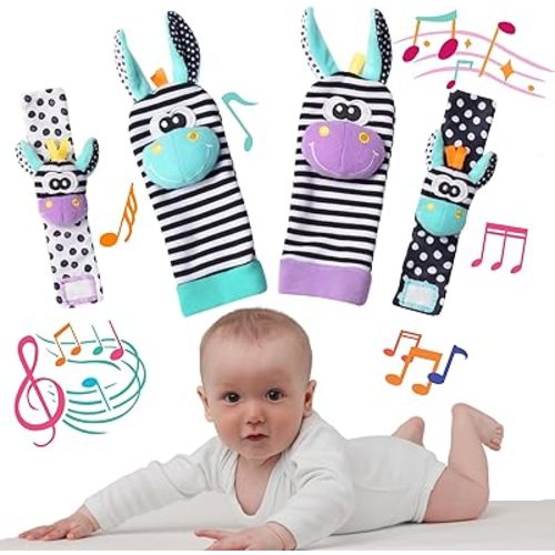 Baby Wrist Rattle & Foot Finder Socks 4Pcs, Newborn Sensory Learning Toys for 0-3-6-12 Months, JOMWEN Hand Bracelet Foot Rattle, Tummy Time Toy Gift for Boy Girl - Purple Donkey