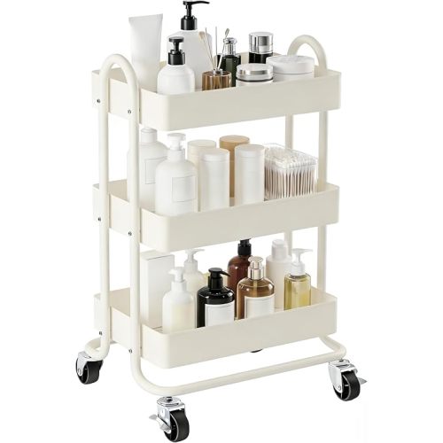 3 Tier Metal Rolling Cart, Utility Storage Cart Shelf Organizer with Wheels for Home & Office, Cream