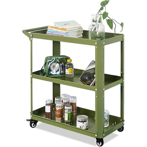 3 Tier Metal Utility Rolling Cart with Wheels, Green