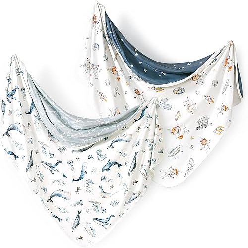 GRSSDER Baby Swaddle Blankets 2 Pack, Super Soft Jersey Knit Baby Quilt Blanket for Baby Boys, Double Layer Receiving Blankets 34 x 44 Inches Extra Large for Swaddling, Sea Fish & Space
