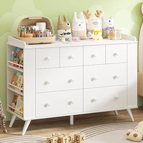 Vabches Kids Dresser Cabinet with 8 Drawers, Changing Table for Nursery, White Chest of Drawers with Open Shelving, Baby Dresser, Kids Bedroom Furniture, Nightstand for Child' s Room, White