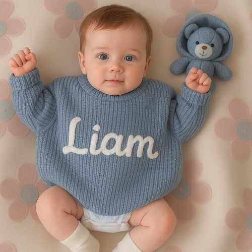 Personalized Hand-Embroidered Name Sweater for Baby & Toddler – Custom Knit Newborn Sweatshirt, Unique Birthday Gift