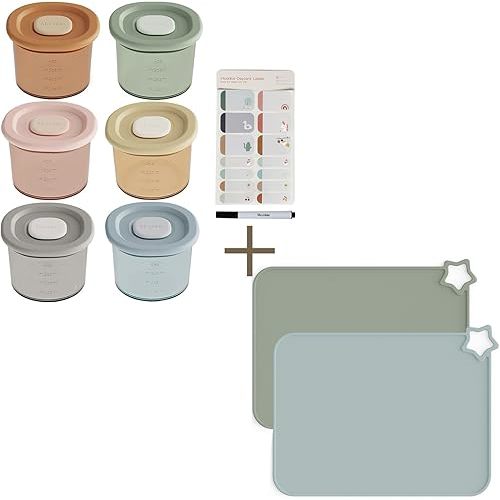 Moonkie Silicone Baby Food Containers & Placemats Bundle | 4 oz Airtight Baby Food Storage Jars + Stain Resistant Non-Slip Toddler Mats | Microwave, Freezer, Dishwasher Safe | Perfect for Infants & To