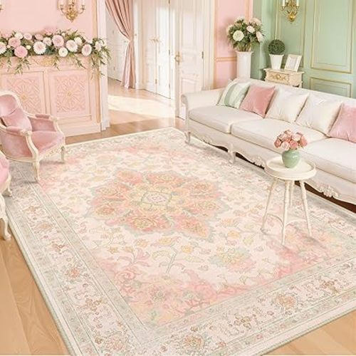 CAPALOCA Machine Washable Rugs Nursery Rug 6x9 Cute Girl Non Slip Low Pile Water Repellent Soft Print Pattern for Bedroom Indoor Decor Kids Playroom Pink Green