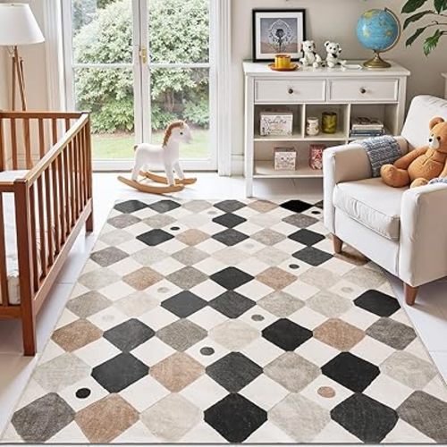 jinchan Macy Area Rug 5x7 Kids Washable Indoor Non-Slip Black and White Modern Soft Rug Elementary School Classroom Diamond Carpet for Nursery Playroom Daycare Bedroom Living Room Dorm Marble on Cream