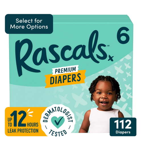 Rascals Premium Absorbent Baby Diapers Size 6, 112 Count