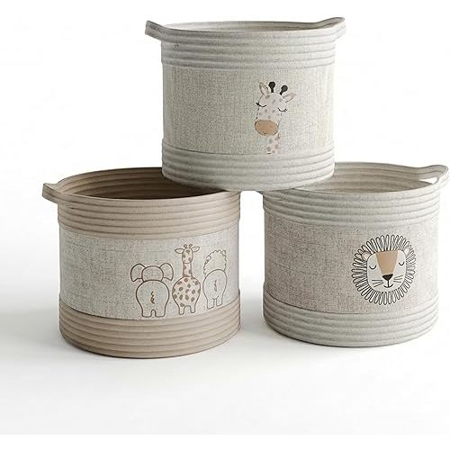 RGI Home Decorative Storage Baskets with Safari Animal Prints – Set of 3 Round Fabric Rope and Linen Organizer Bins for Nursery or Playroom, Multi-Sized with Easy-Carry Handles, Ivory, Tan, and Linen