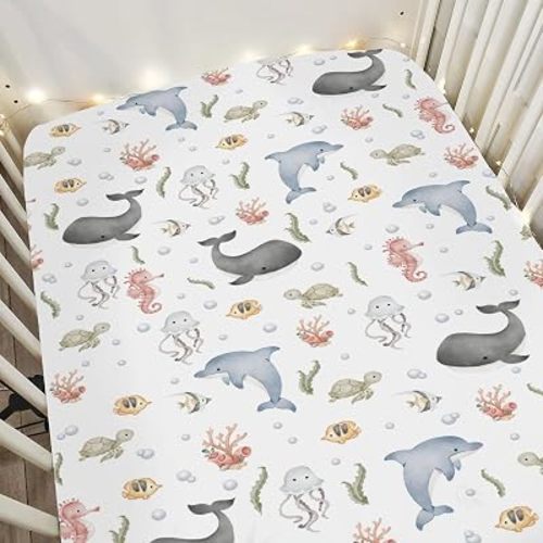 Watercolor Sea Animals Baby Crib Sheets for Boy Girl 28"x52" Whale Dolphin Turtle Jellyfish Coral Soft Snug Fitted Crib Mattress Cover Ocean Marine Baby Sheet for Standard Crib & Toddler Bed Mattress