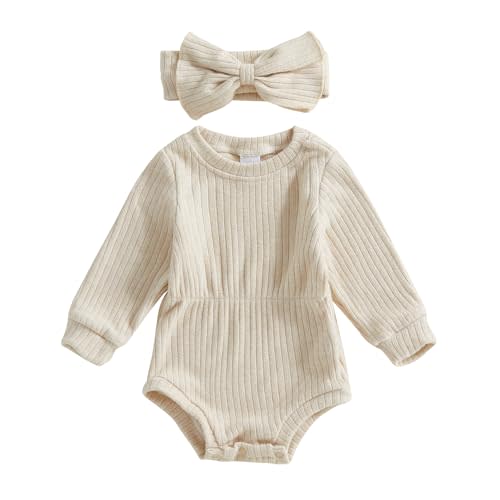 Karwuiio Newborn Baby Girl Fall Outfits Long Sleeve Ribbed Knit Jumpsuit Romper with Headband Infant Clothes Sets
