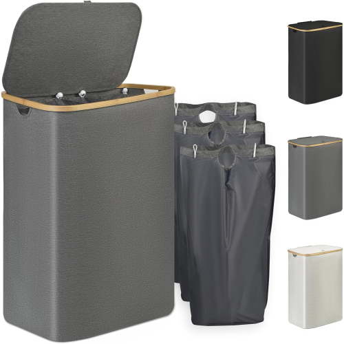 AYAOQIANG 160L Laundry Hamper with Lid,Collapsible Laundry Baskets with 3 Removable Liners Portable Dirty Clothes Hamper for Bathroom, Bedroom, Toys Storage Gray