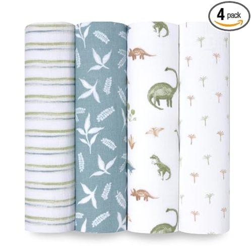 aden + anais Essentials Baby Muslin Swaddle Blankets, Newborn Receiving Blanket for Swaddling, 100% Cotton Baby Swaddle Wrap, 4 Pack, Dino Jungle