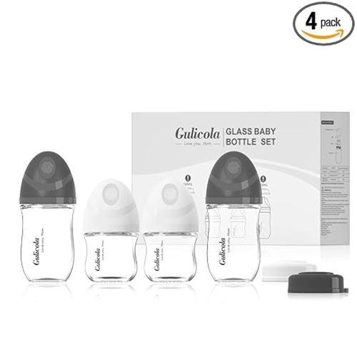 Gulicola Natural Glass Baby Bottles Set 4 Pack, Newborn Boy Breastfeeding Bottles with Slow Flow Nipples, 0 Months+, 3 oz & 5 oz - Black/White