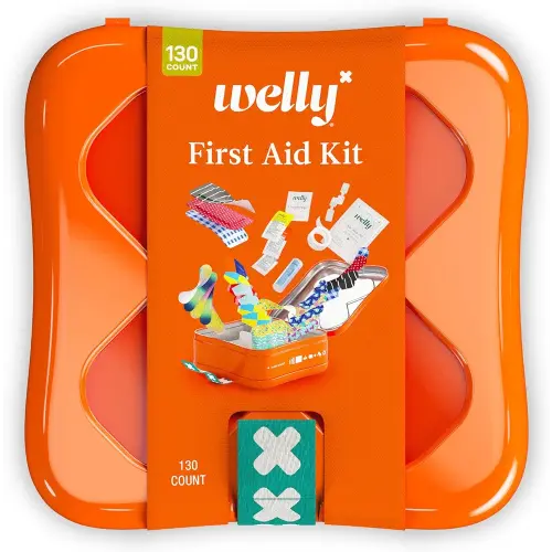 Welly First Aid Kit - Adhesive Flexible Fabric and Waterproof Bandages, Tape and Non-Stick Pads, Butterfly Strips, Single Use Ointments Triple Antibiotic and Hydrocortisone, and Ibuprofen - 130 Count