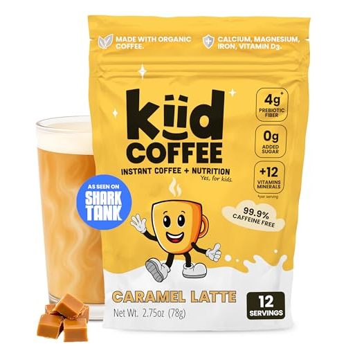 Kiid Coffee - 99.9% Caffeine-Free Organic Coffee for Kids - As Seen on Shark Tank - 12 Vitamins & Minerals, 4g Prebiotics, 0g Sugar - Non-GMO & Gluten-Free - Healthy Snack - Caramel - 12 Servings