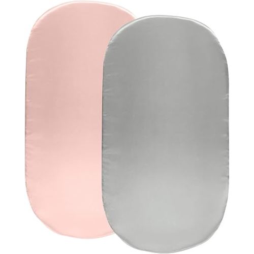 SiinvdaBZX 2 Pcs Satin Bassinet Sheets for Baby Hair, Silky Soft Bassinet Fitted Sheets for Hourglass, Oval & Rectangular Bassinet Mattress (Light Grey & Pink)