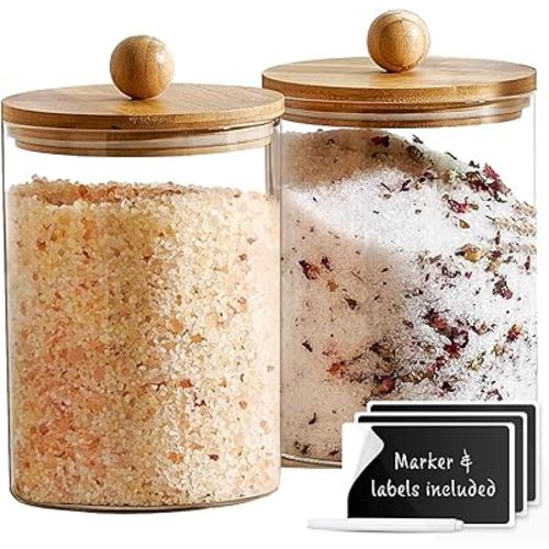 Set of 2 Large Glass Canisters for Kitchen Counter with Airtight Bamboo Lids + Marker & Labels - Cookie Jars with Wooden Lid, Food Storage Containers for Pantry, Flour Pasta Candy Coffee Pods - 68oz.