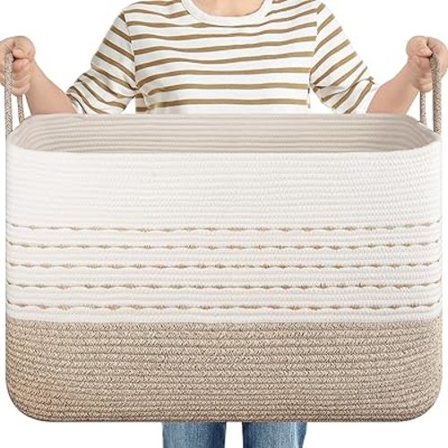 OIASKET XXL Large Blanket Basket for Living Room, 108L Woven Storage Baskets for Organizing, Rectangle Cotton Rope Basket Toy Chest With Handles--Brown & White