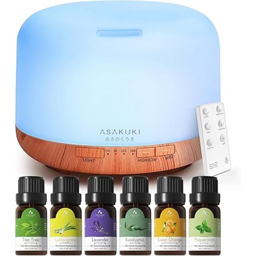 ASAKUKI Oil Diffuser with Essential Oils Set, 500ml Aromatherapy Humidifier with 14 LED Colors & Auto Shut-Off - 6 Oil Gift Pack(Lavender Eucalyptus Tea Tree Orange Peppermint Lemongrass)