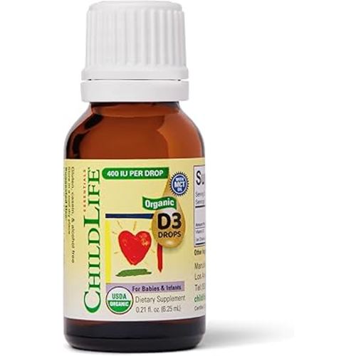 CHILDLIFE Essentials Organic Vitamin D3 Drops for Infants & Newborns - Baby Vitamin D Drops, 400 IU per Liquid Drop, Immune & Bone Health Support, USDA Organic, Flavorless - 0.21 Fl Oz (1 Pack)